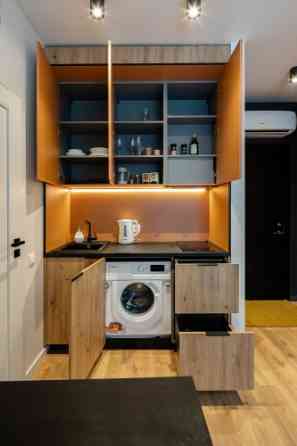A modern and meticulously designed studio apartment is available for reservation at Ernesta Birzniek Рига