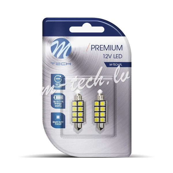 LB327W - Blister M-TECH Premium LB327W - C5W 41mm. 12V 8xSMD5050 LED. CANBUS. White Rīga - foto 1