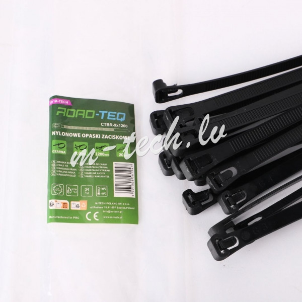 CTBR-9X1200 - Nylonowe opaski zaciskowe wielokrotnego użytku ROAD-TEQ w:9x1200mm 20szt. czarne Rīga - foto 1