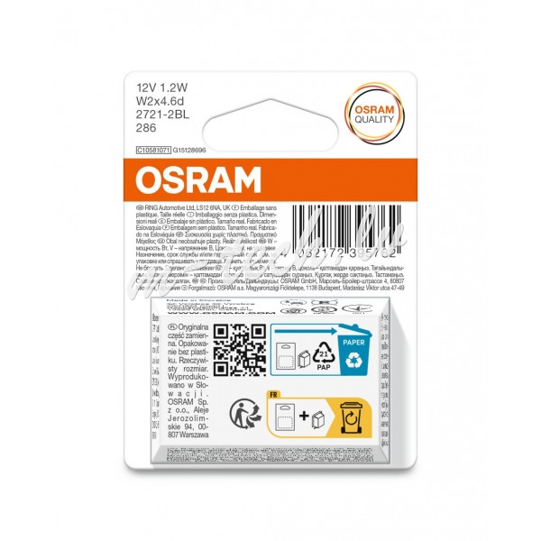 O2721-2BL - OSRAM ORIGINAL 2721-2BL NON ECE W2x4.6d 12V 1.2W Рига - изображение 2